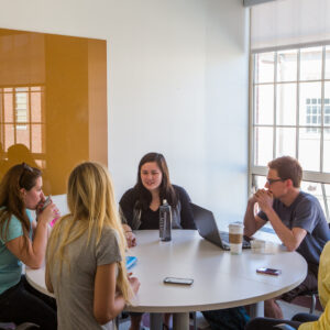 A group of people sit around a round table having a discussion.